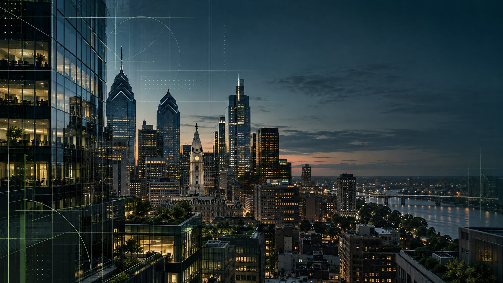 Philadelphia-inspired skyline at dusk with architectural and data-grid overlays