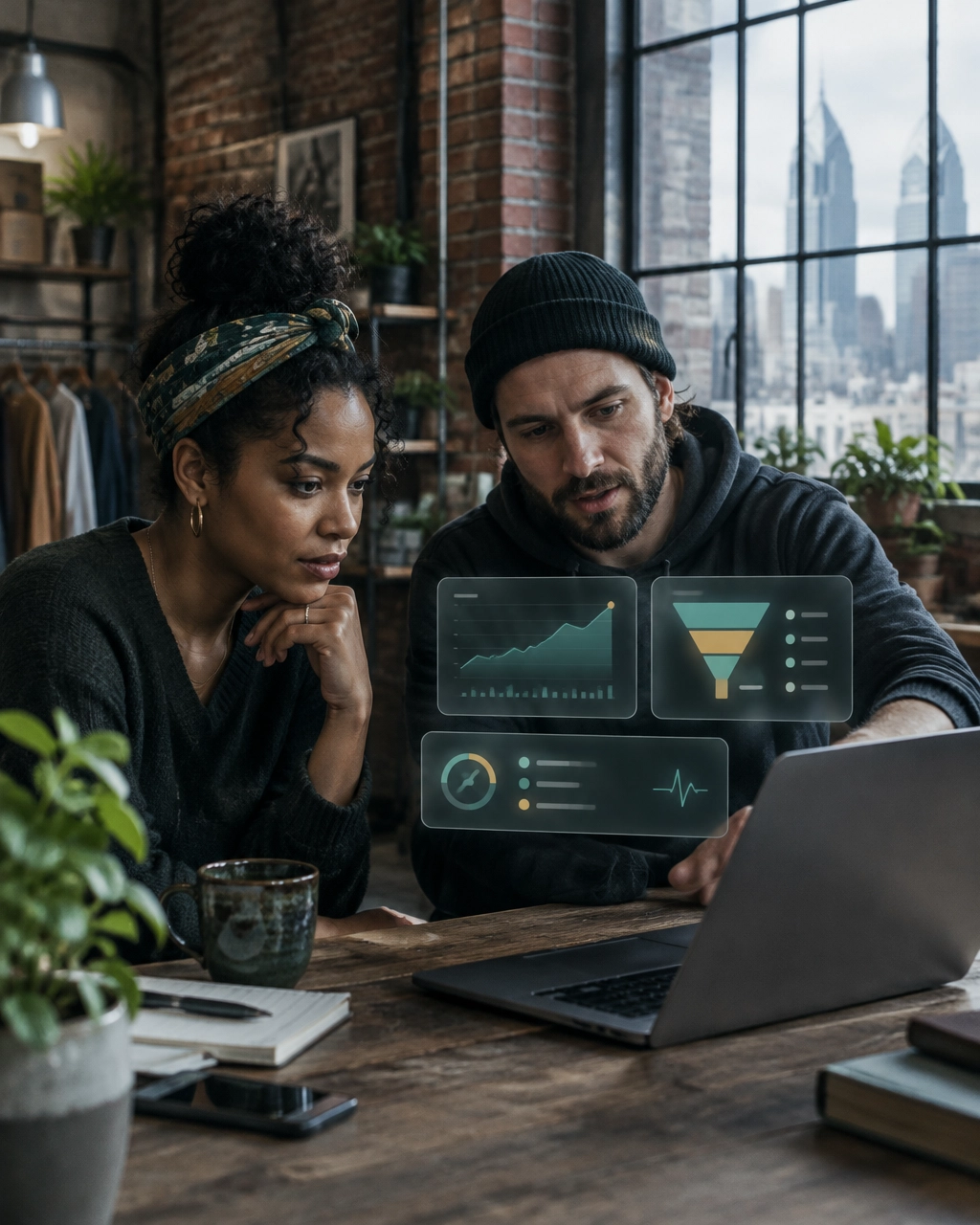 Philadelphia business owners reviewing ecommerce performance trends together in a brick studio