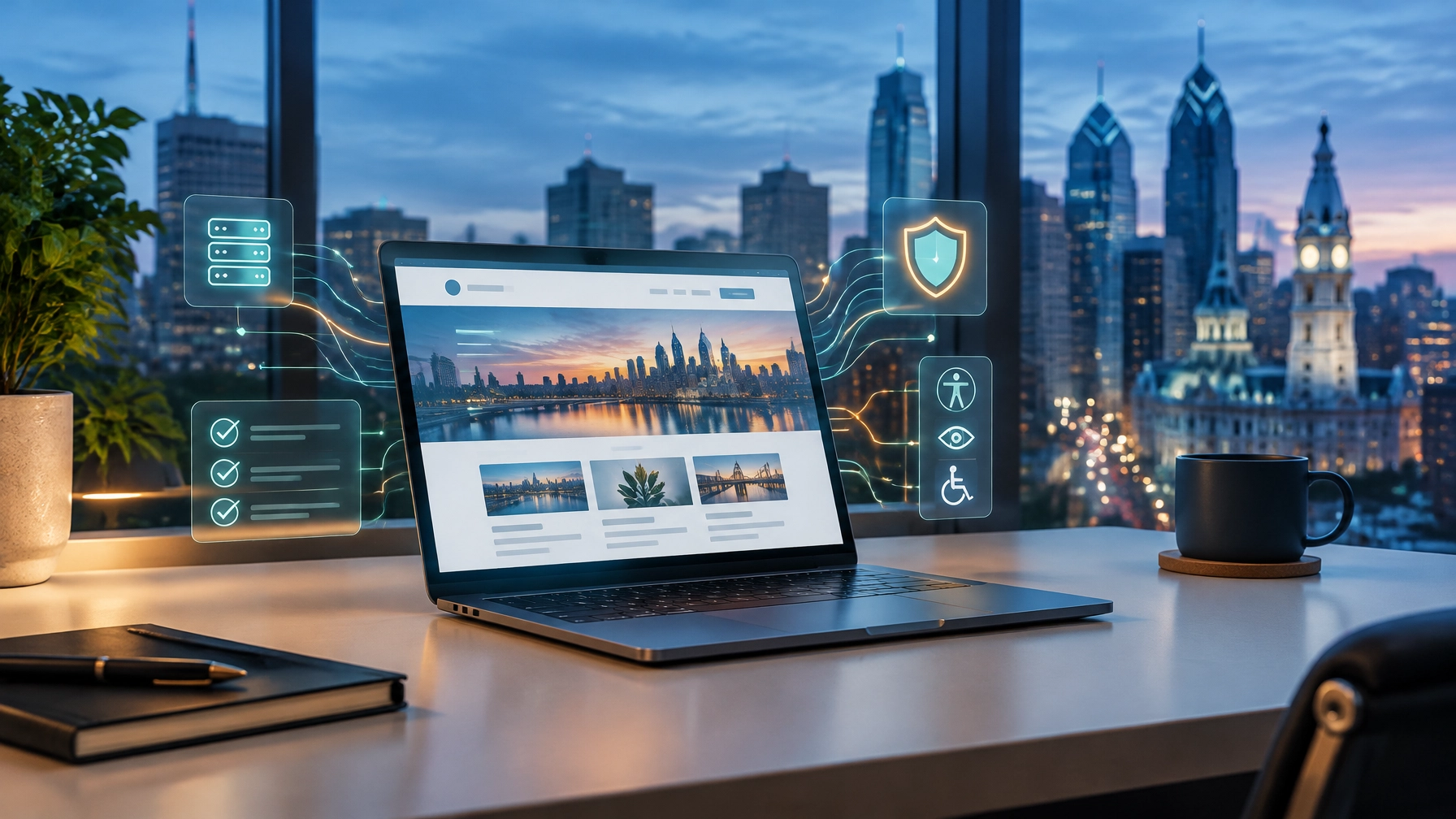 Staging environment preview on laptop with website testing and Philadelphia office backdrop
