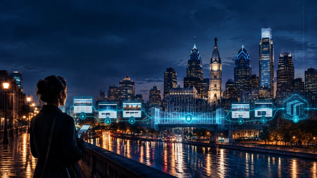Woman views secure digital network over Philadelphia skyline