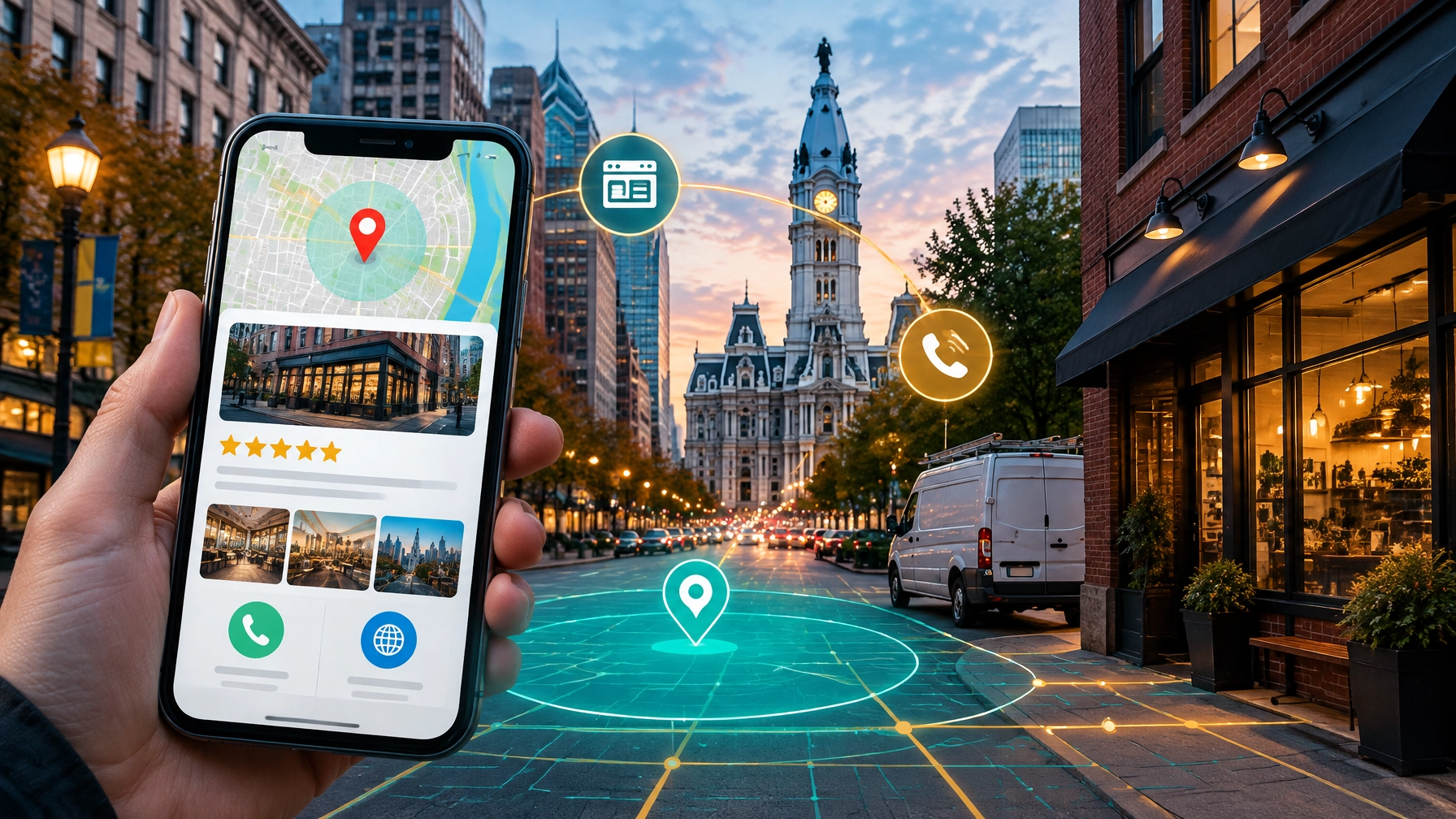 Philadelphia local search experience on a phone, connecting a business profile and map pin to website and call actions