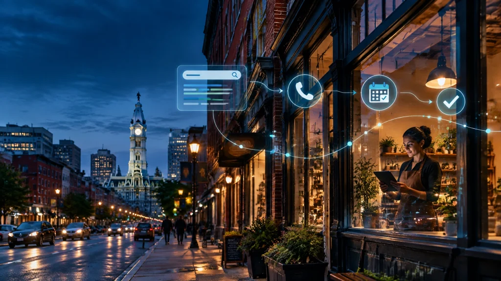 Shop owner using tablet with digital booking icons