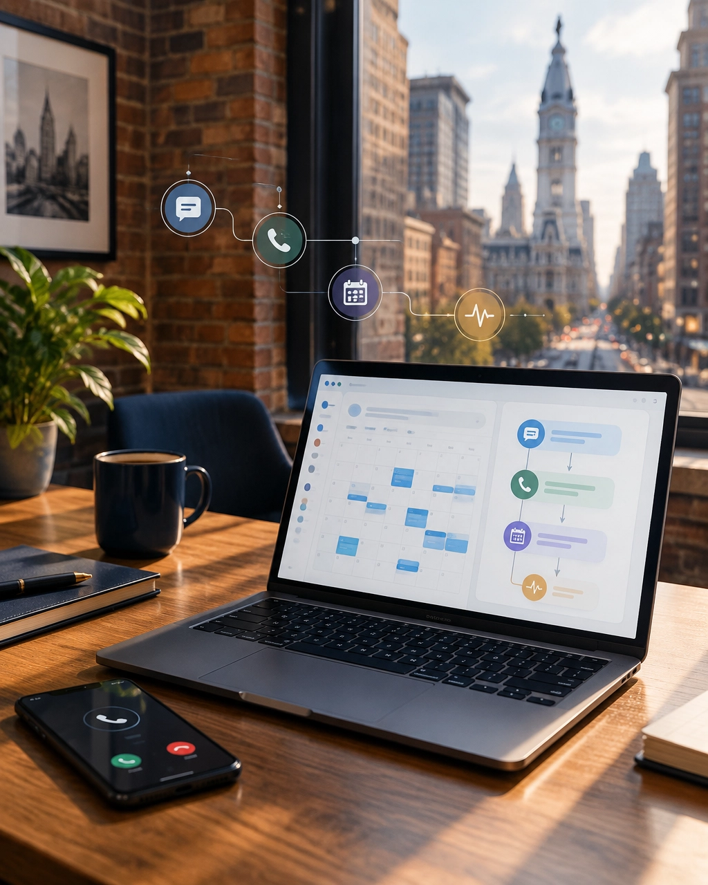 Philadelphia office with phone, laptop, booking calendar, and subtle AI-assisted lead-response overlay