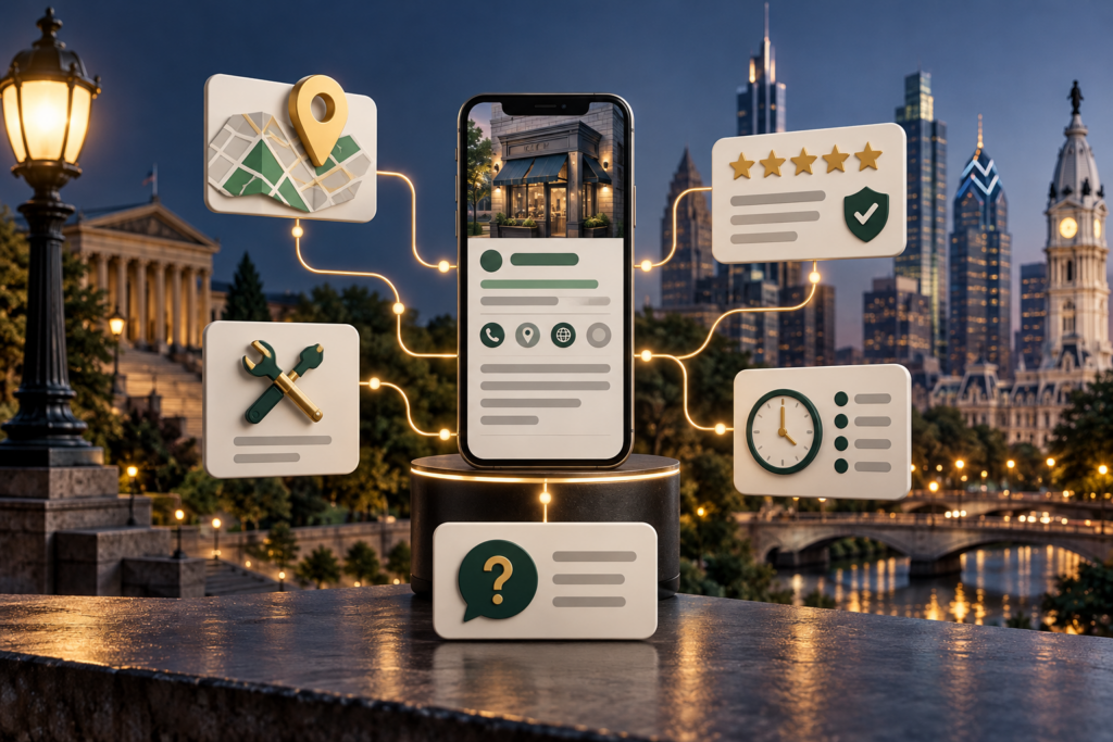 Philadelphia local business information connected to map location, trust signals, services, hours, and common questions