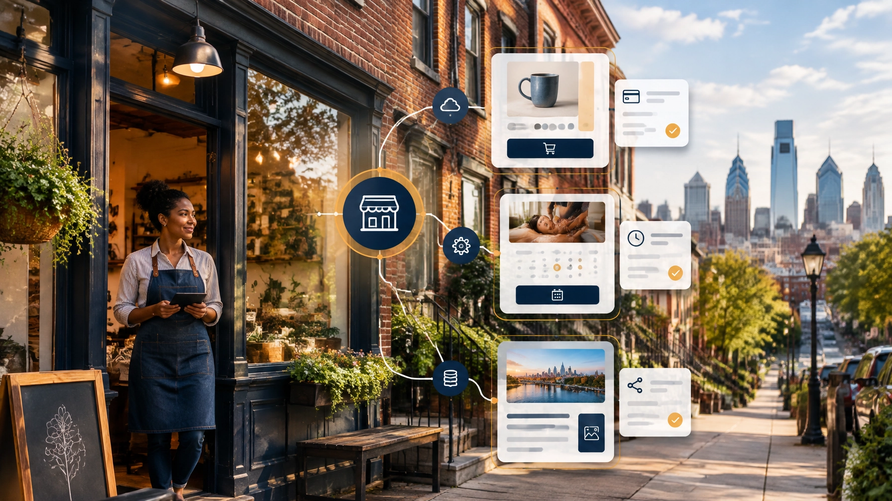 Philadelphia neighborhood storefront with visual paths connecting local services, online content, and ecommerce