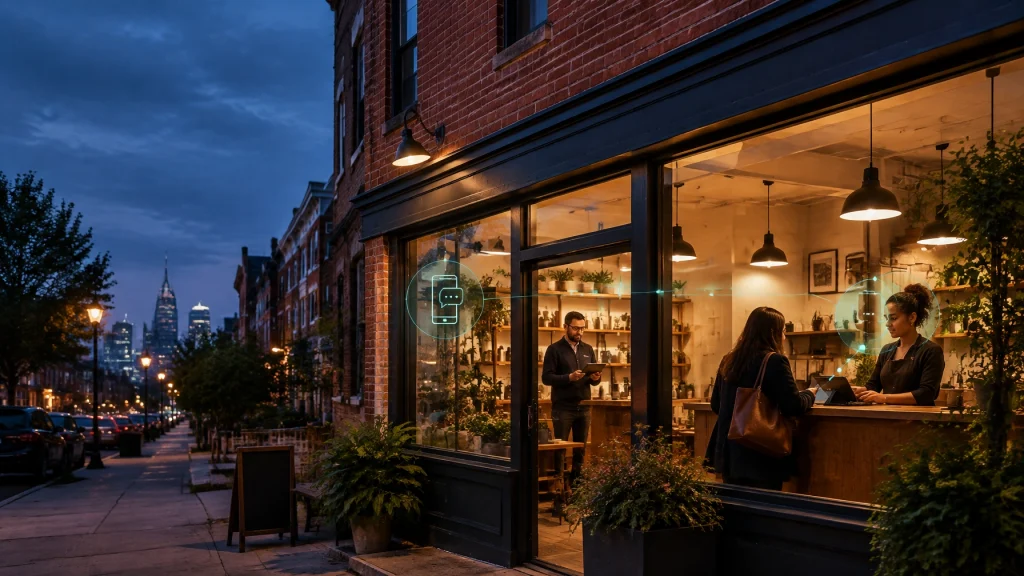 Customers use digital service at a warmly lit storefront