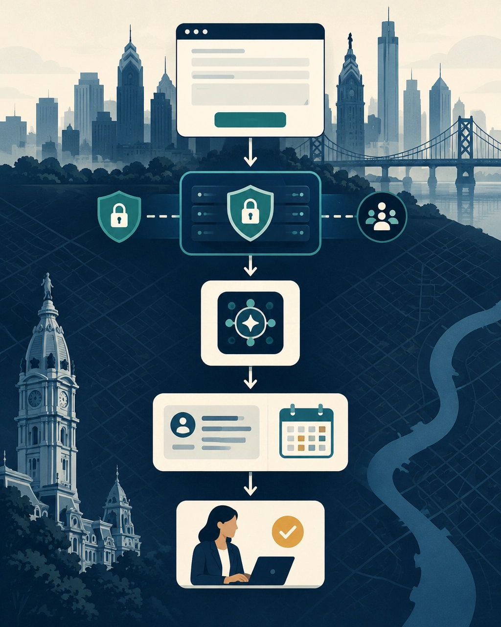 Secure AI integration workflow connecting a website form to protected systems and a human approval step