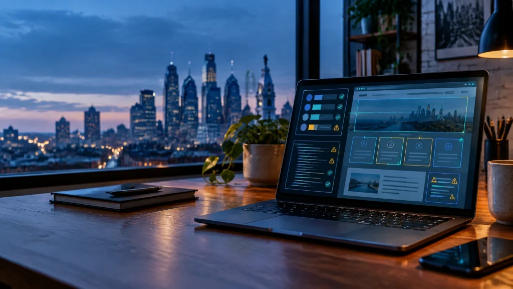 Laptop dashboard beside window overlooking city skyline at dusk