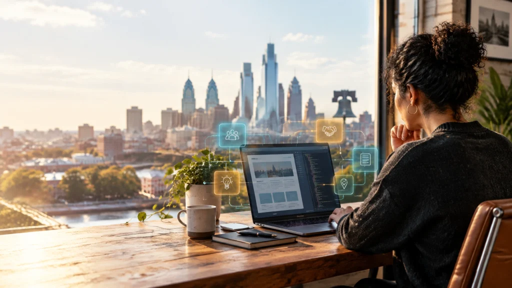 Professional working on laptop overlooking Philadelphia skyline