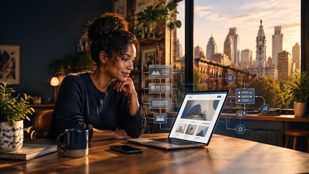 Woman designing website on laptop overlooking Philadelphia skyline