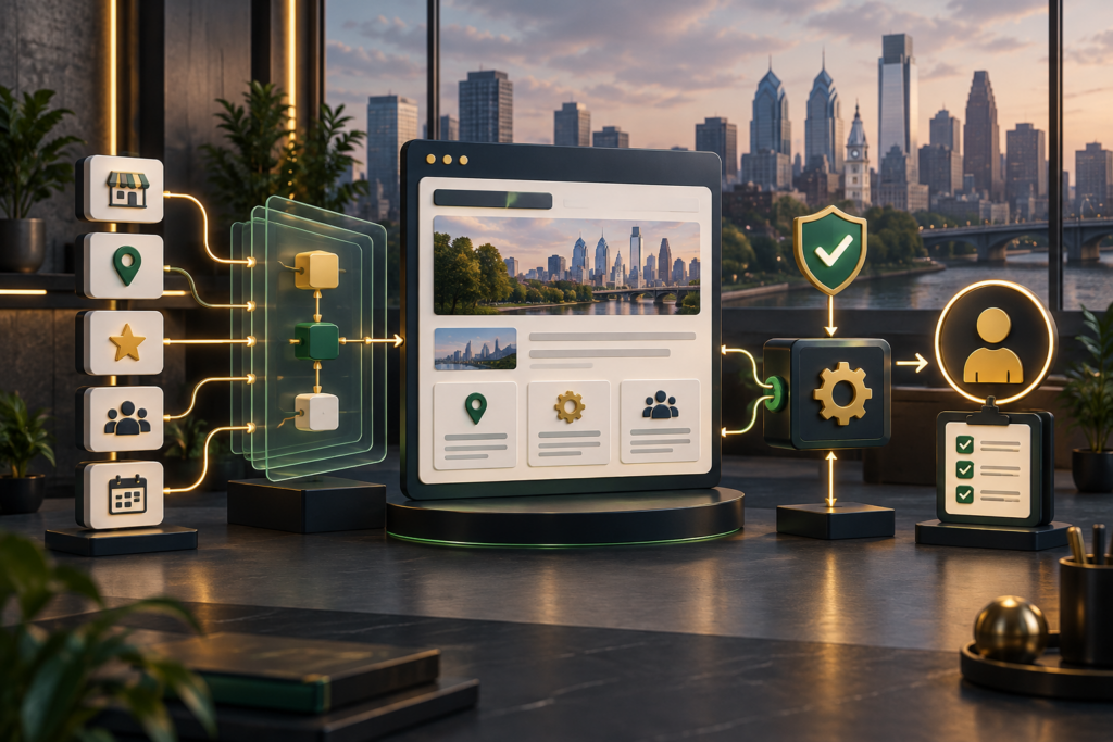 Website information flowing through structured schema management, verification, and human review for a Philadelphia business