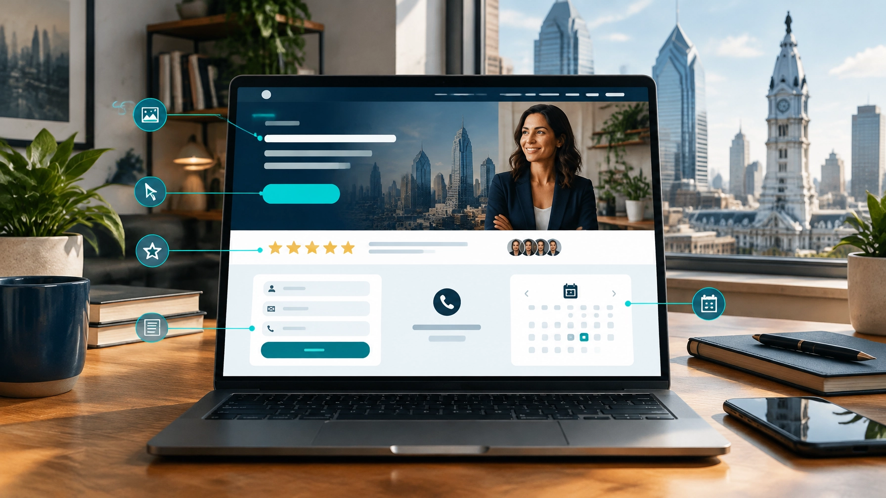 Laptop showing the key elements of a lead-generating website, including an offer, customer proof, short form, call option, and booking card