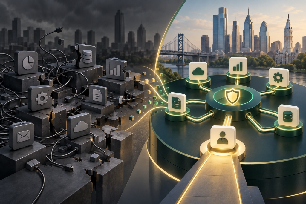 Fragmented business tools becoming a unified AI workflow with secure connected systems in Philadelphia