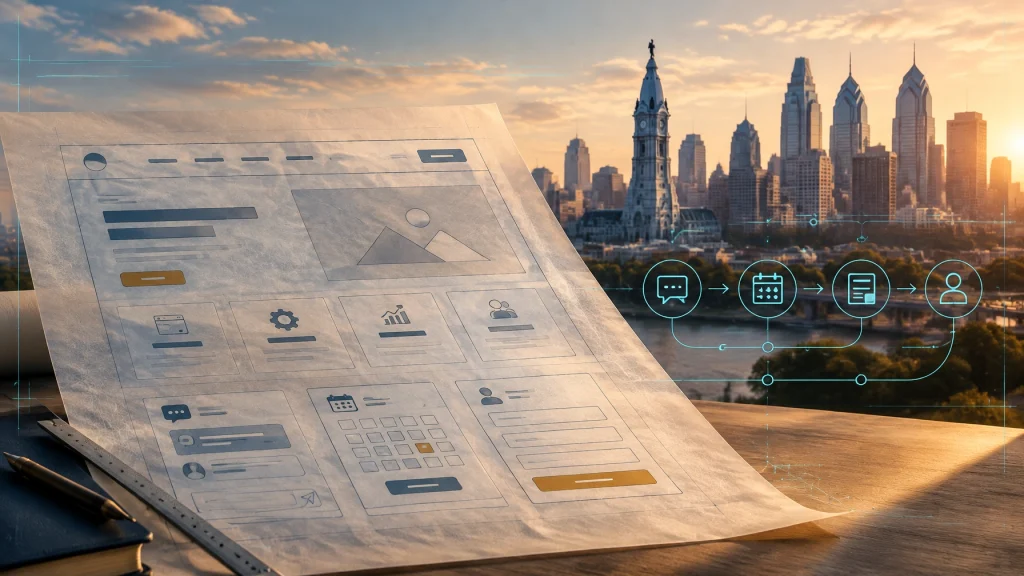 Website wireframe with digital workflow icons over Philadelphia skyline