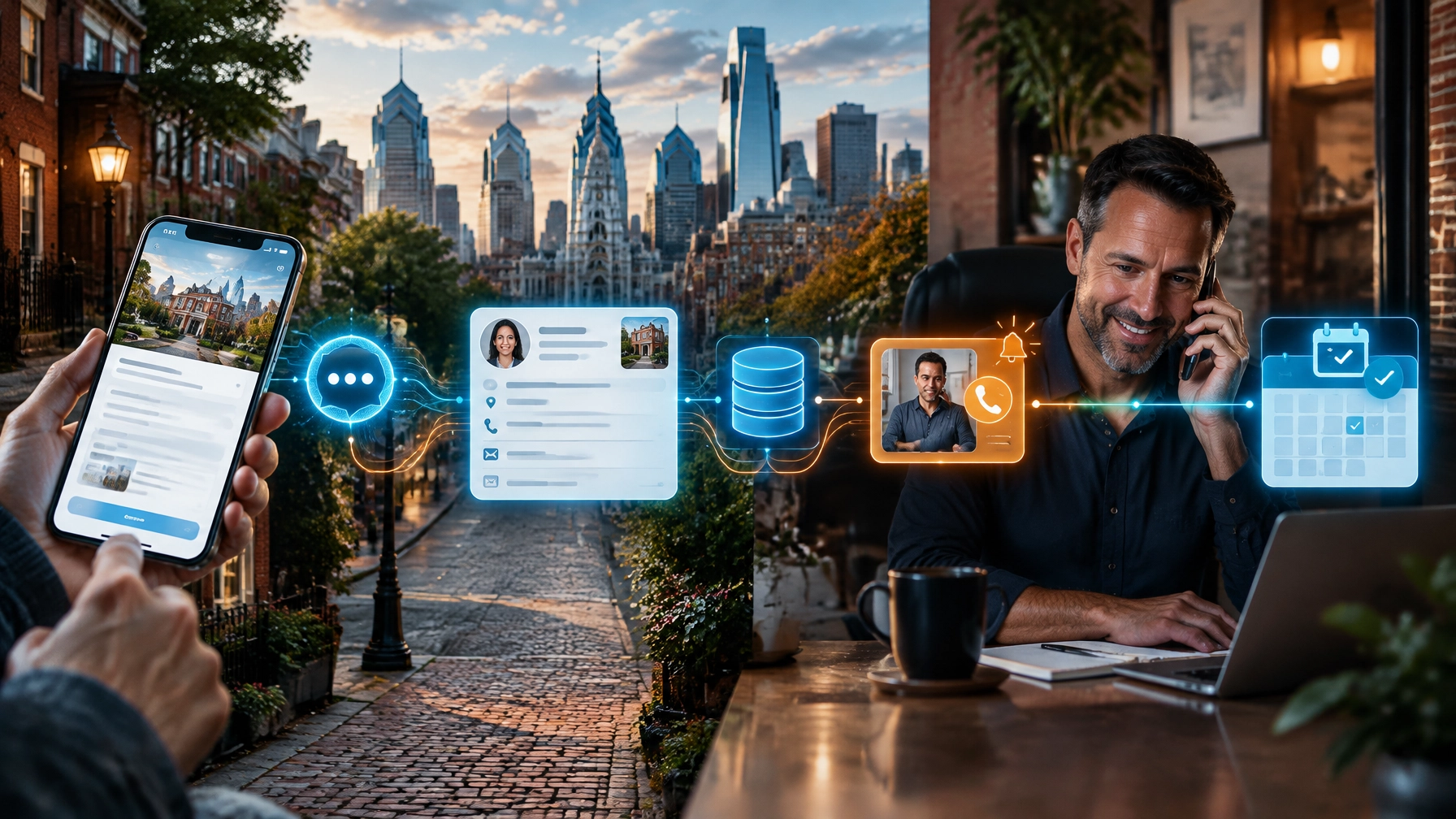 Website inquiry flowing through AI intake to a CRM, instant team notification, and human follow-up in Philadelphia